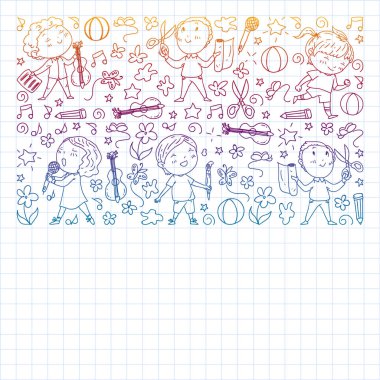 yaratıcı çocuklar dans, şarkı, futbol oynarken, gitar çalmak, keman çalmak, kağıttan model yapmak. Kareli not defterine tek renkli kalem çizimi .