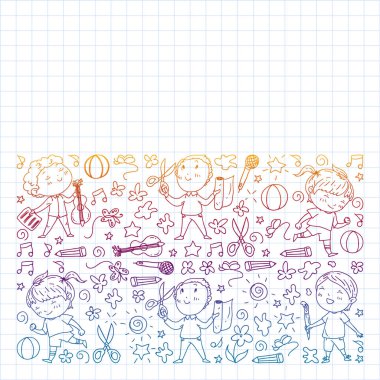 yaratıcı çocuklar dans, şarkı, futbol oynarken, gitar çalmak, keman çalmak, kağıttan model yapmak. Kareli not defterine tek renkli kalem çizimi .