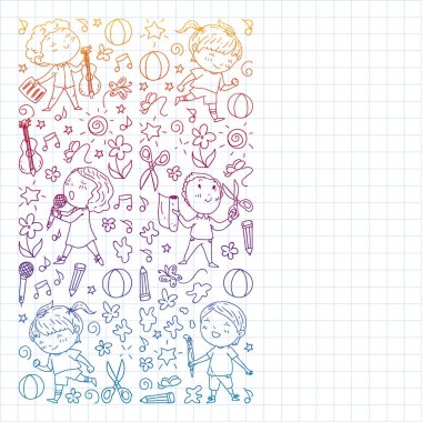 yaratıcı çocuklar dans, şarkı, futbol oynarken, gitar çalmak, keman çalmak, kağıttan model yapmak. Kareli not defterine tek renkli kalem çizimi .