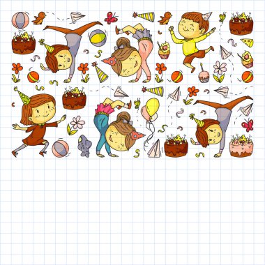 Karikatür tarzında Vektör illüstrasyon, eğlenceli okul öncesi çocuklar atlama aktif şirket, bir partide, doğum günü. Kareli not defterine çizim.