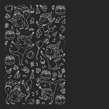 Karikatür tarzında Vektör illüstrasyon, eğlenceli okul öncesi çocuklar atlama aktif şirket, bir partide, doğum günü. tahta üzerinde tek renkli tebeşir çizim.