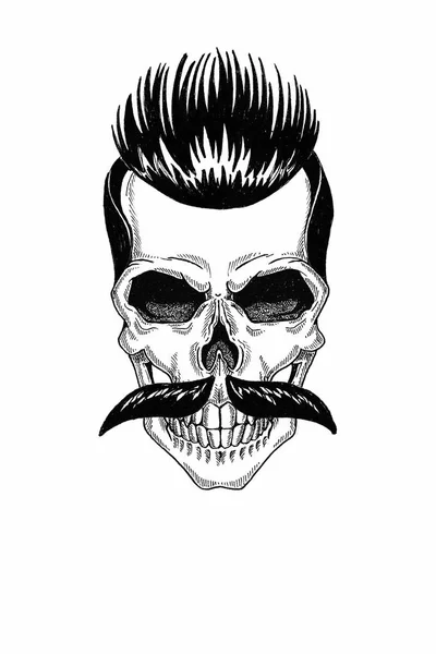 Peluquería de ilustración monocromática de cráneo con barba, bigote, corte de pelo hipster y sobre fondo blanco, dibujos animados, enojado, hermoso, brutal . — Foto de Stock