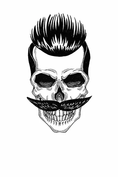 Illustration monochrome salon de coiffure de crâne avec barbe, moustache, coupe de cheveux hipster et sur fond blanc, dessin animé, en colère, beau, brutal . — Photo