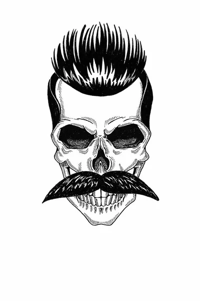 Illustrazione monocromatica barbiere di teschio con barba, baffi, taglio di capelli hipster e su sfondo bianco, cartone animato, arrabbiato, bello, brutale . — Foto Stock