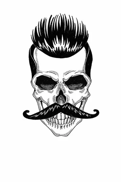 Illustration monochrome salon de coiffure de crâne avec barbe, moustache, coupe de cheveux hipster et sur fond blanc, dessin animé, en colère, beau, brutal . — Photo