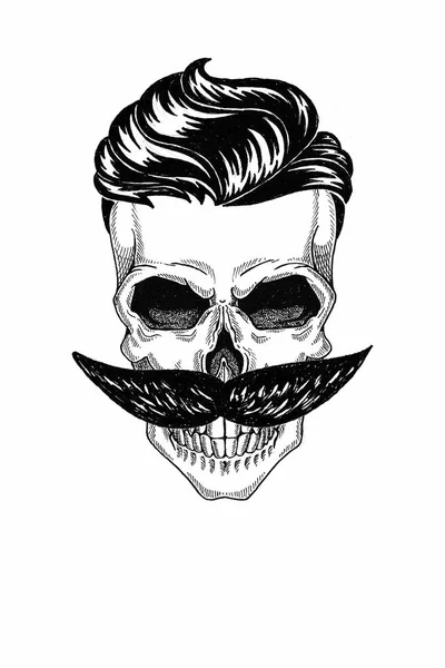 Illustration monochrome salon de coiffure de crâne avec barbe, moustache, coupe de cheveux hipster et sur fond blanc, dessin animé, en colère, beau, brutal . — Photo