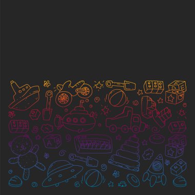 Anaokulu, oyuncak çocuklar ile vektör desen. Mutlu çocuklar illüstrasyon. kara tahta üzerinde degrade çizim.