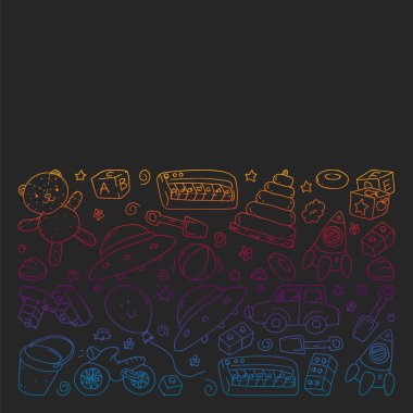 Anaokulu, oyuncak çocuklar ile vektör desen. Mutlu çocuklar illüstrasyon. kara tahta üzerinde degrade çizim.