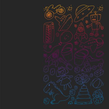 Anaokulu, oyuncak çocuklar ile vektör desen. Mutlu çocuklar illüstrasyon. kara tahta üzerinde degrade çizim.