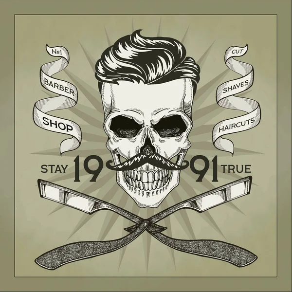 Hipster Totenkopf Friseurladen Logo im alten Stil. — Stockvektor