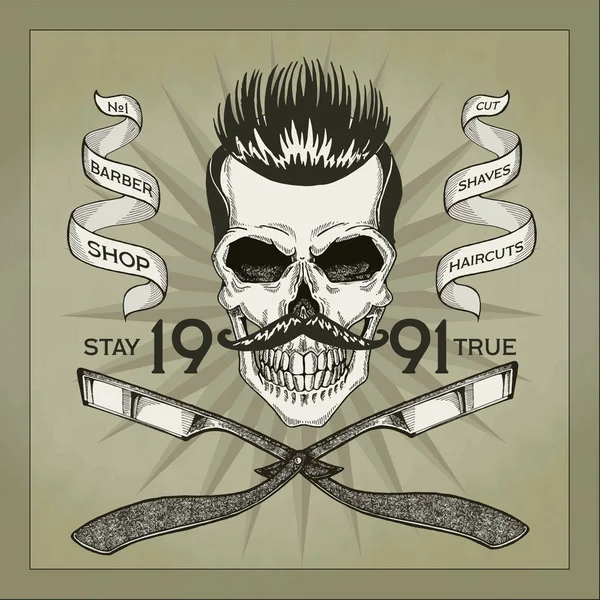 Vintage, Hipster Totenkopf Barbershop Logo im alten Stil, Vektor. — Stockvektor