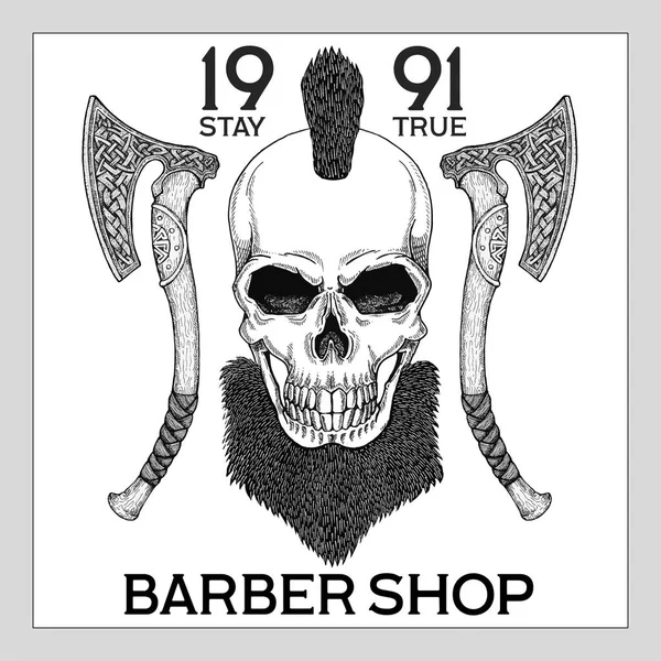 Vintage, Hipster Totenkopf Barbershop Logo im alten Stil, Vektor. — Stockvektor