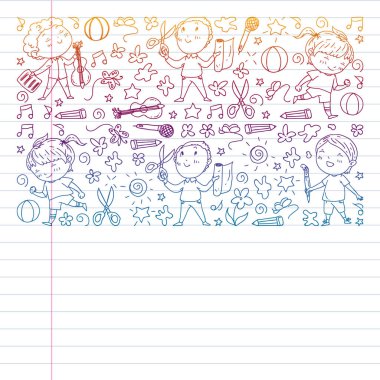 Yaratıcı çocuklar dans eder, şarkı çalar, futbol oynar, gitar çalar, keman çalar, kağıttan model ler yap. Alıştırma not defterine degrade çizimi.