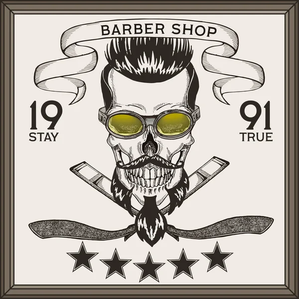 Vintage, Hipster Totenkopf Barbershop Logo im alten Stil, Vektor. — Stockvektor