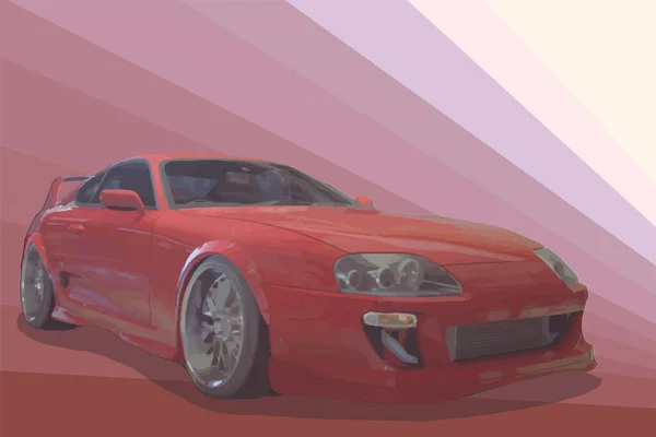 Cartoon japan afgestemd auto op zon rode achtergrond. Achteraanzicht. Vectorillustratie. — Stockvector