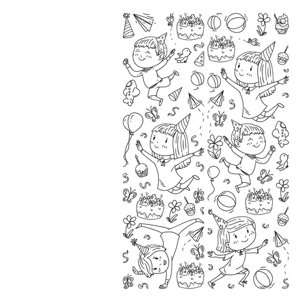 Illustration vectorielle en style dessin animé, compagnie active d'enfants d'âge préscolaire ludiques sautant, lors d'une fête, anniversaire. Style monochrome en noir et blanc . — Image vectorielle
