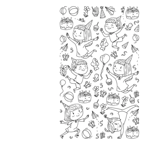 Illustration vectorielle en style dessin animé, compagnie active d'enfants d'âge préscolaire ludiques sautant, lors d'une fête, anniversaire. Style monochrome en noir et blanc . — Image vectorielle