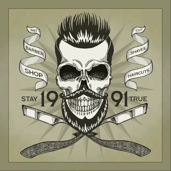 Vintage, Hipster Totenkopf Barbershop Logo im alten Stil, Vektor. — Stockvektor