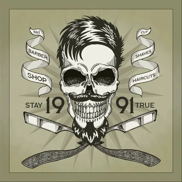 Vintage, Hipster Totenkopf Barbershop Logo im alten Stil, Vektor. — Stockvektor