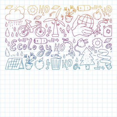 Anaokulunda vektör deseni, oyuncak çocuklar. Mutlu çocuk çizimleri. Bir Kare Defterde Not Defterine Gradyan çizimi.