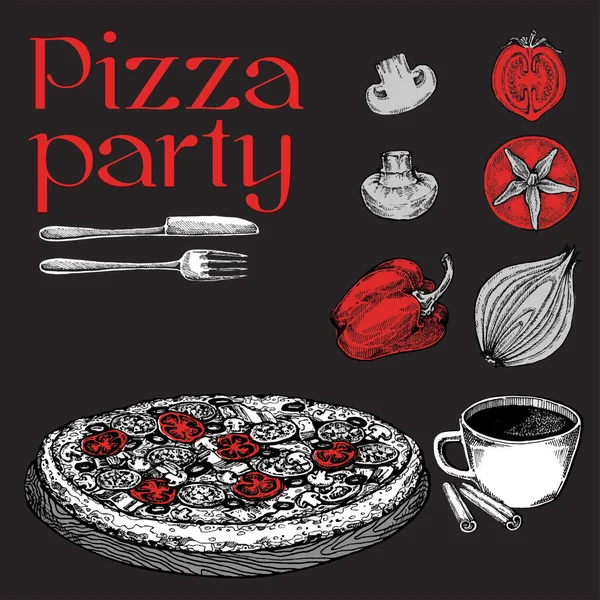 Vektorpizzaschneiden. Handgezeichnete Pizza-Illustration. Ideal für Speisekarte, Plakat oder Etikett. — Stockvektor