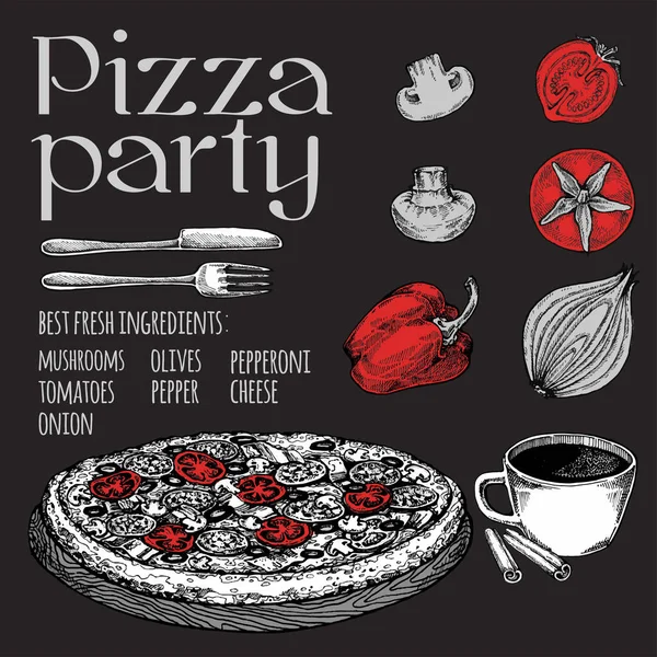 Vektorpizzaschneiden. Handgezeichnete Pizza-Illustration. Ideal für Speisekarte, Plakat oder Etikett. — Stockvektor