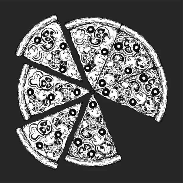 Dibujo de rebanada de pizza vectorial. Ilustración de pizza dibujada a mano. Ideal para menú, póster o etiqueta. — Vector de stock