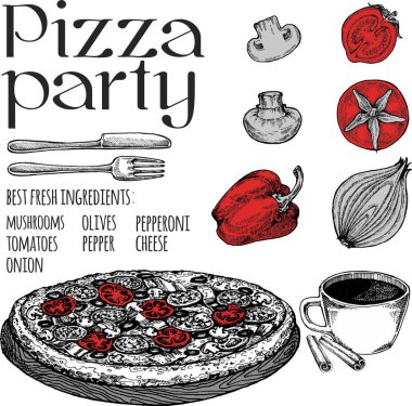 Pizza dilimi çizimi. Elle çizilmiş pizza çizimi. Menü, poster veya etiket için harika.