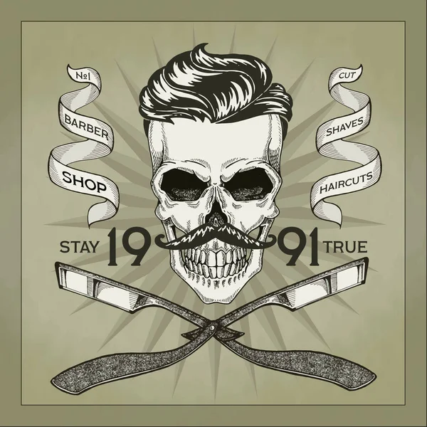 Vintage, Hipster Totenkopf Barbershop Logo im alten Stil, Vektor. — Stockvektor