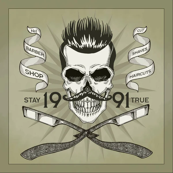 Vintage, Hipster Totenkopf Barbershop Logo im alten Stil, Vektor. — Stockvektor