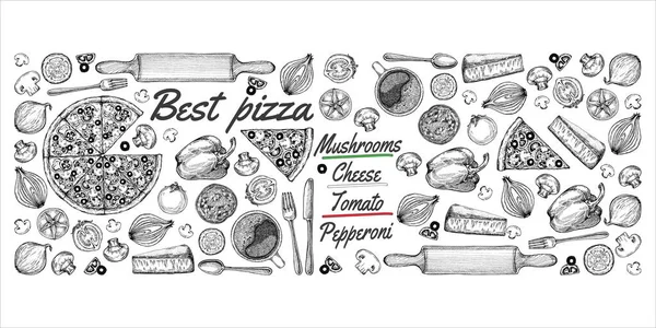 Vektör çizimi, pizza, masa, organik gıda malzemeleri. Elle çizilmiş pizza çizimi. Menü, poster veya etiket için harika.
