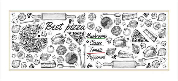 Vektör çizimi, pizza, masa, organik gıda malzemeleri. Elle çizilmiş pizza çizimi. Menü, poster veya etiket için harika.
