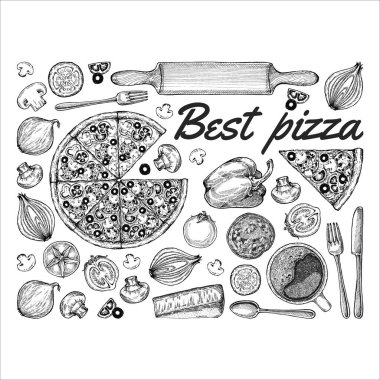 Vektör çizimi, pizza, masa, organik gıda malzemeleri. Elle çizilmiş pizza çizimi. Menü, poster veya etiket için harika.
