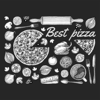 Vektör çizimi, pizza, masa, organik gıda malzemeleri. Elle çizilmiş pizza çizimi. Menü, poster veya etiket için harika.