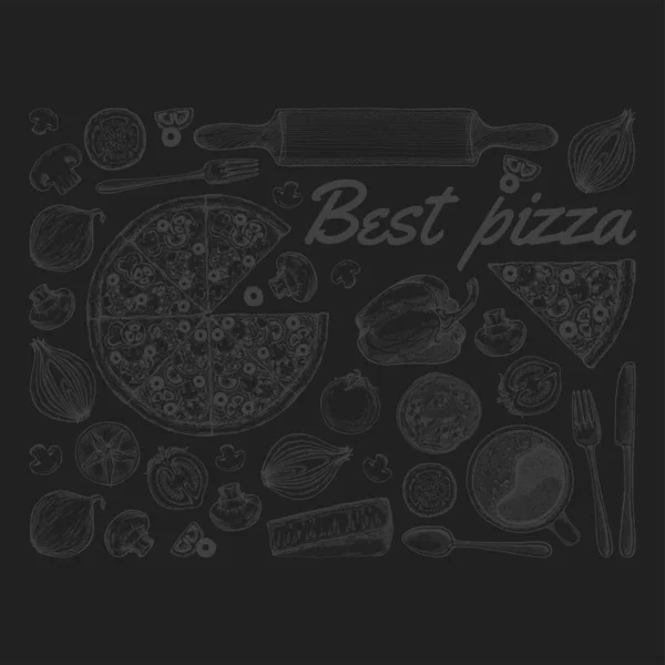 Vektorzeichnung, Pizza, Tisch, Zutaten für biologische Lebensmittel. Handgezeichnete Pizza-Illustration. Ideal für Speisekarte, Plakat oder Etikett. — Stockvektor