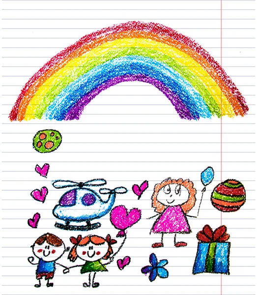 Kinder zeichnen Bild. Kleine Kinder, Jungen und Mädchen. Schule, Kindergarten. Spielen und wachsen. Lehrer mit Schülern. — Stockfoto
