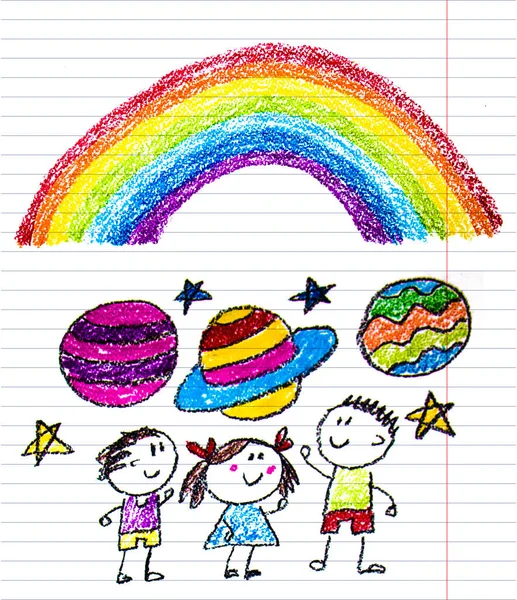 Kinder zeichnen Bild. Weltraumforschung. Schule, Kindergarten. Spielen und wachsen. Buntstift-Bild. Ufo, Alien, Raumschiff, Rakete, Regenbogen. — Stockfoto