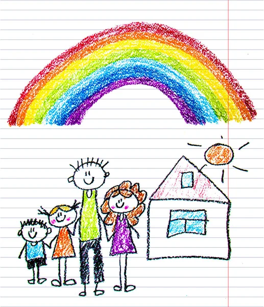 Счастливая семья с маленькими детьми. Мать и отец с детьми. Брат и сестра с родителями. Моя семья с домом и радугой. Иллюстрация стиля рисования детей на белом фоне . — стоковое фото