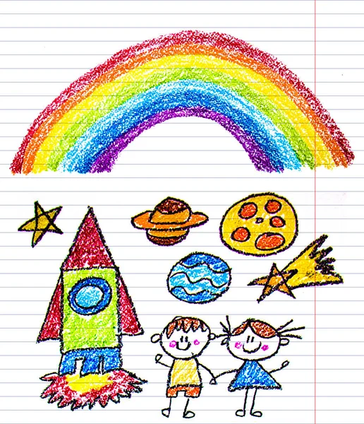Dzieci rysują obraz. Eksploracja kosmosu. Szkoła, ilustracja przedszkola. Grać i rosnąć. Wizerunek kredki. Ufo, obcy, statek kosmiczny, rakieta, tęcza. — Zdjęcie stockowe