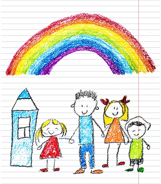 Lycklig familj med små barn. Mor och far med barn. Broder och syster med föräldrar. Min familj med hus och regnbåge. Barn rita stil illustration isolerad på vit bakgrund. — Stockfoto