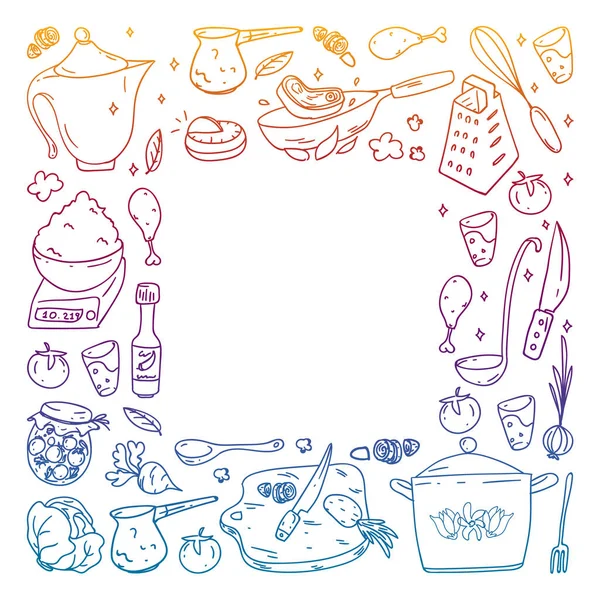 Vector set of cooking, gastronomy, vector cuisine and fast food cafe icons in doodle style. Painted, colorful, gradient, on a sheet of checkered paper on a white background. — Stock Vector