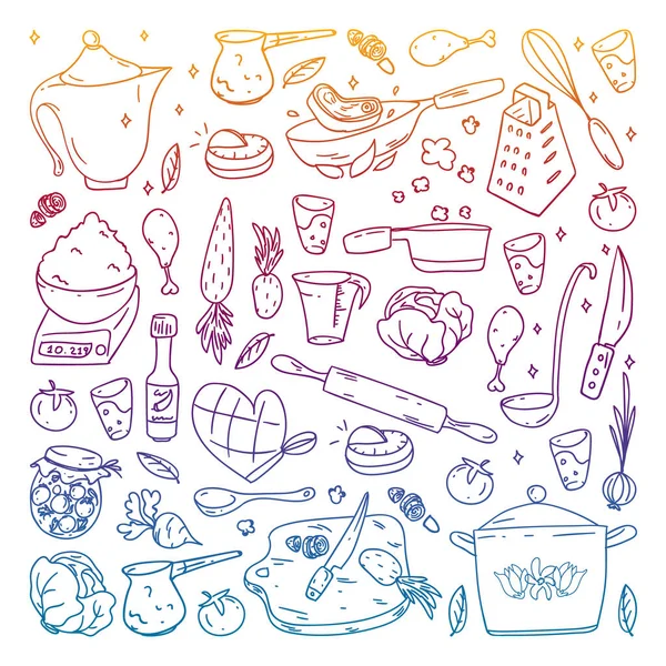 Set vettoriale di cucina, gastronomia, cucina vettoriale e icone del fast food in stile doodle. Dipinto, colorato, sfumato, su un foglio di carta a scacchi su sfondo bianco. — Vettoriale Stock