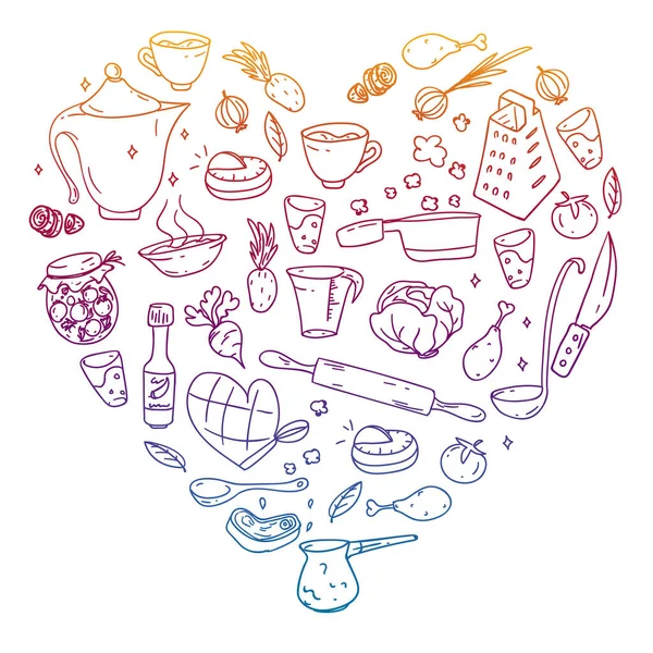 Vector set of cooking, γαστρονομία, vector cuisine and fast food cafe icons in doodle style. Χρωματιστά, πολύχρωμα, κλίση, σε ένα φύλλο καρό χαρτί σε λευκό φόντο. — Διανυσματικό Αρχείο