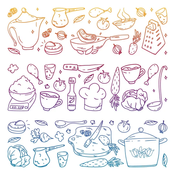 Vektorová sada vaření, gastronomie, vektorová kuchyně a fast food kavárny ikony ve stylu doodle. Malované, barevné, gradient, na listu kostkovaného papíru na bílém pozadí. — Stockový vektor