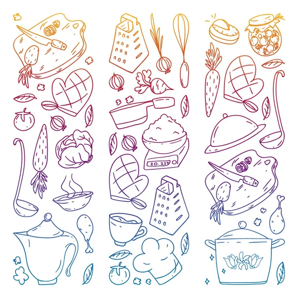 Conjunto vectorial de cocina, gastronomía, cocina vectorial e iconos de café de comida rápida en estilo doodle. Pintado, colorido, degradado, sobre una hoja de papel a cuadros sobre un fondo blanco. — Archivo Imágenes Vectoriales