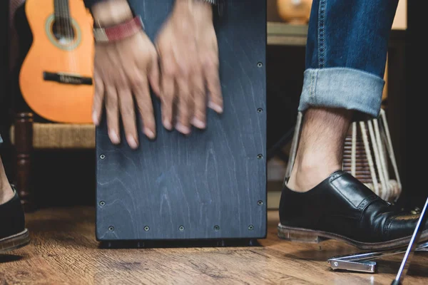 Stylish Musician Denim Double Monk Shoes Plays Cajon Peruvian Drum — Stock Photo, Image