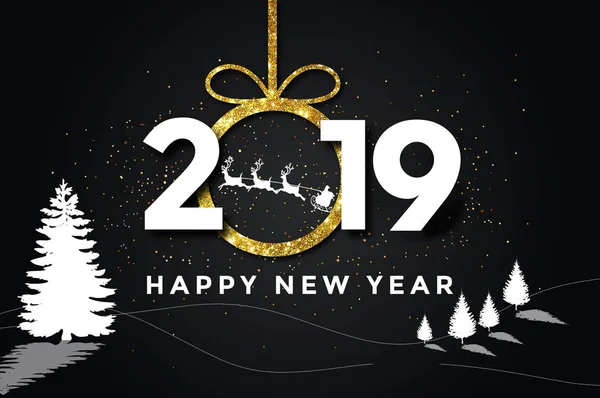 Happy new year design layout on black background with 2019 and gold stas. Vector illustration