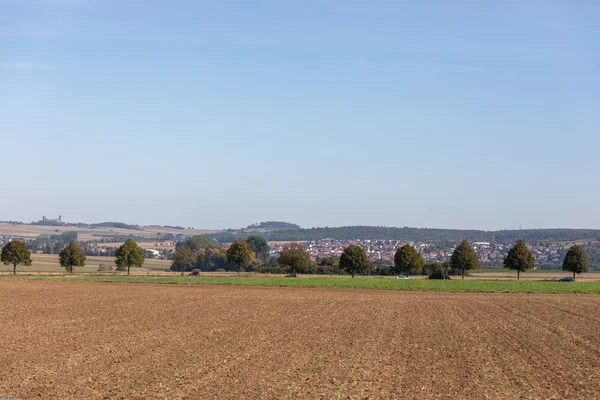 Niemiecki krajobraz krajobrazowy: Seria drzew z wzgórzami z tyłu — Zdjęcie stockowe