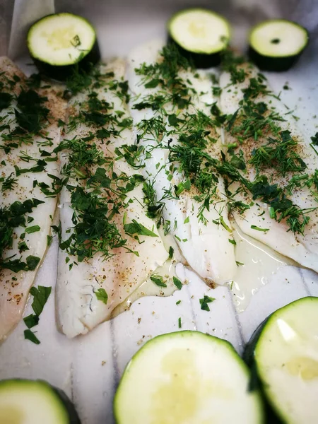 Tasty Zander Fish Zucchini Glass Delicious Dry White Wine — Stock Photo, Image