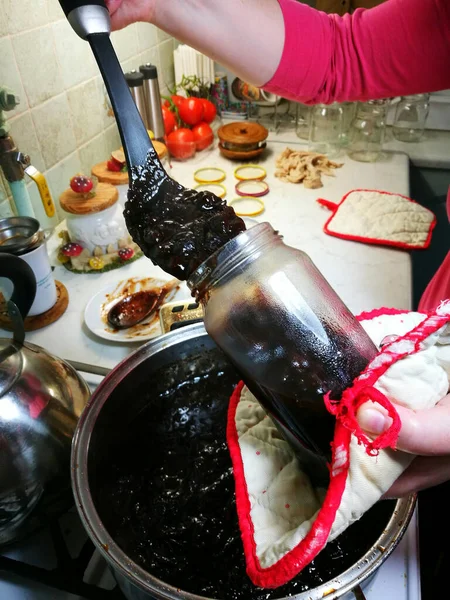 Preparazione Prugne Una Marmellata Prugne Prugna Ungherese Nella Cucina Polacca — Foto Stock